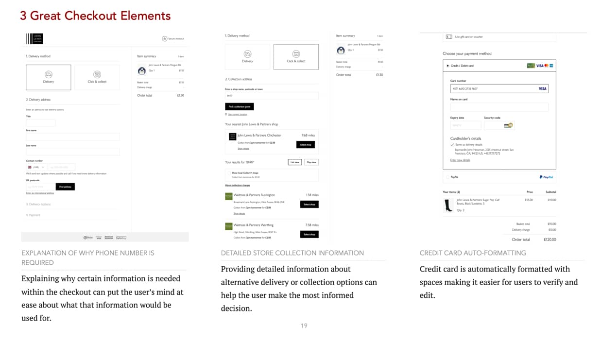 A few elements Baymard have picked out as an example of what a good checkout must have. 