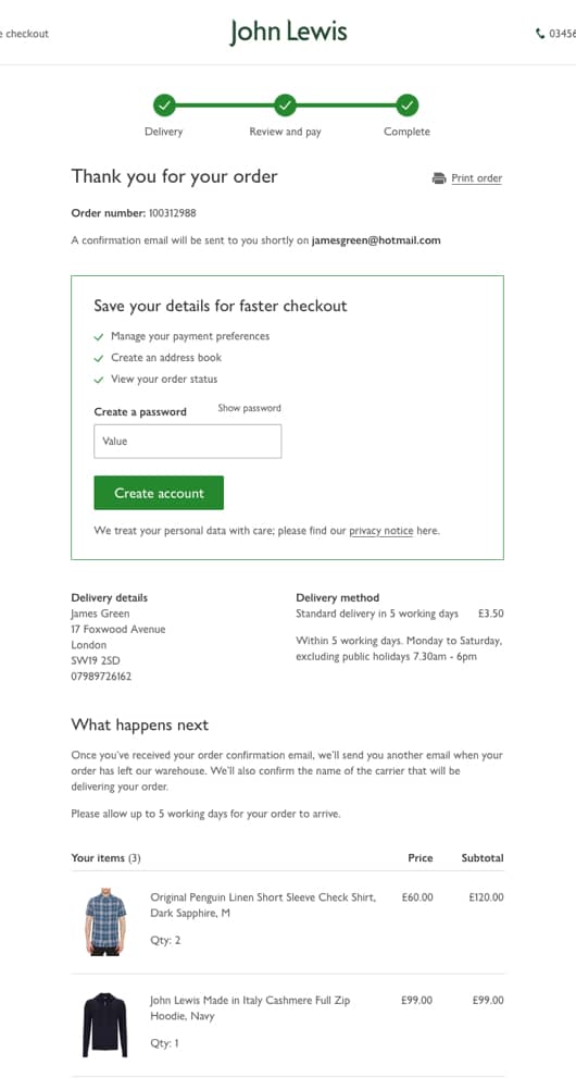 Final order confirmation page