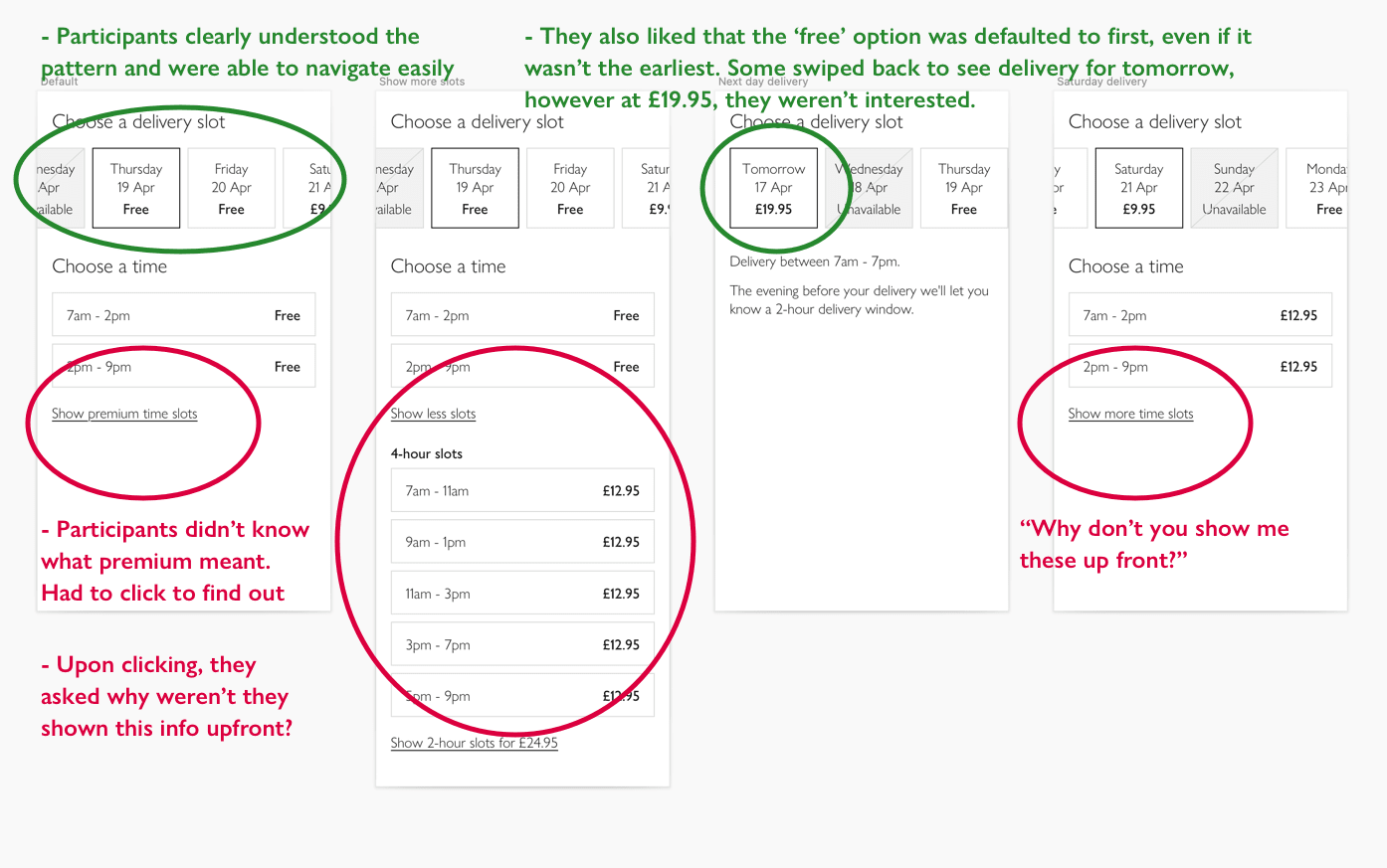 A moderated user testing session with feedback on a design for delivery options